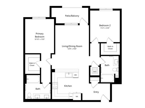 A floor plan of a home with a primary bedroom, a living room, a kitchen, and two bathrooms.